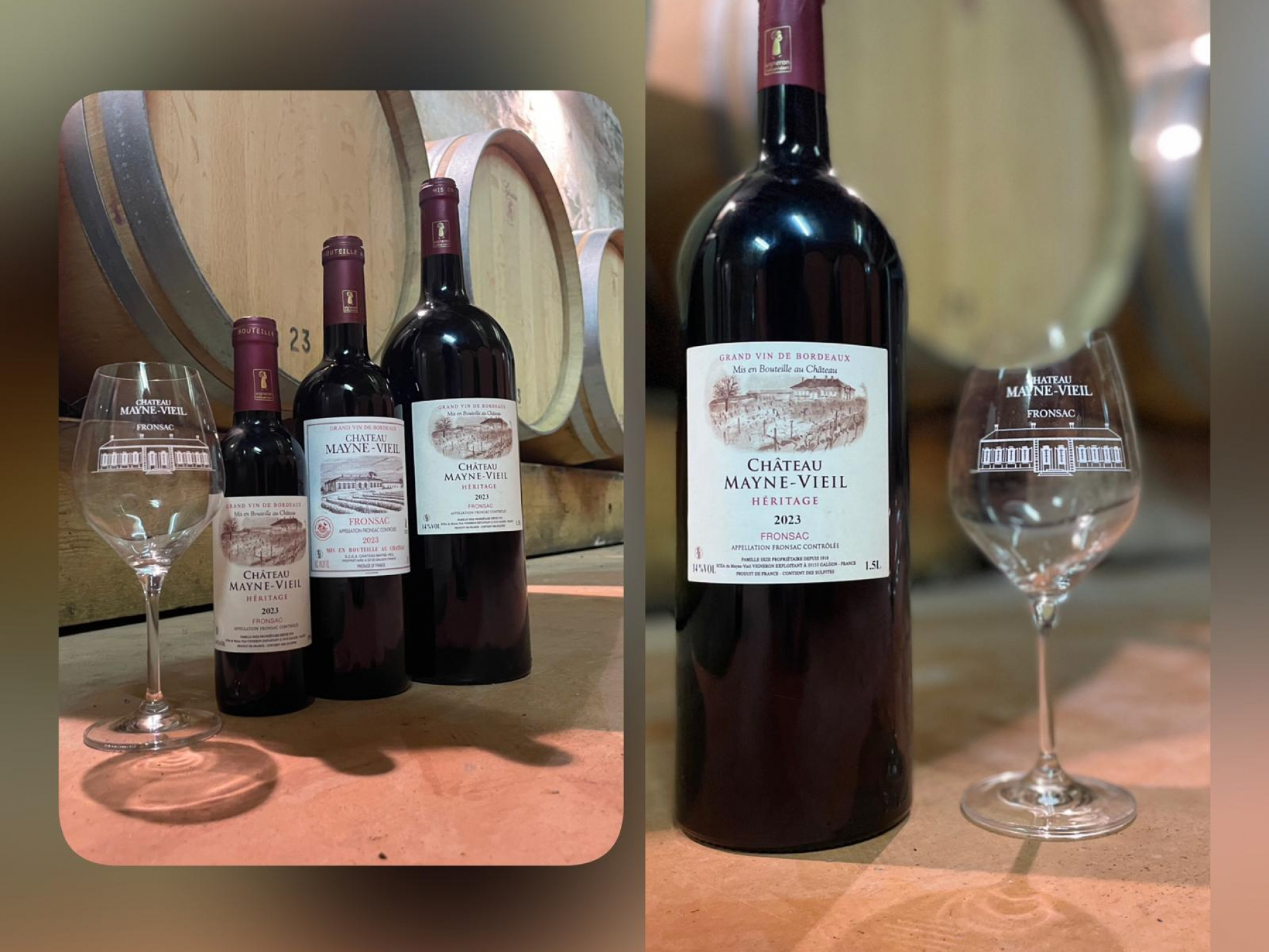 Magnums Château Mayne-Vieil Héritage 2023 présentés dans le chai